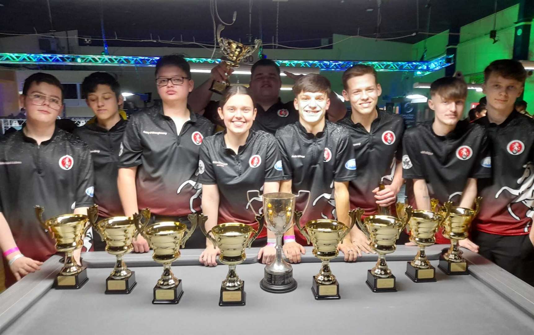 Kent's under-18 national pool champions from left, Michael Cairns, Alfie Harding, Finlay O'Shaugnessy, Erin Gannon, Chase East, Josh Wheeler, Charlie Jessup, Alfie Rogers and James Goldsmith