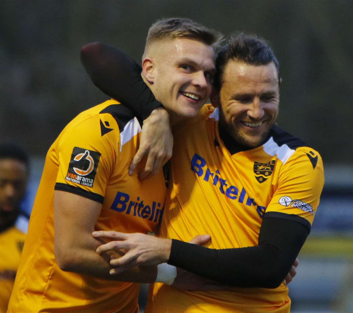 Ross Marshall celebrates his first Maidstone goal with Ryan Johnson Picture: Andy Jones
