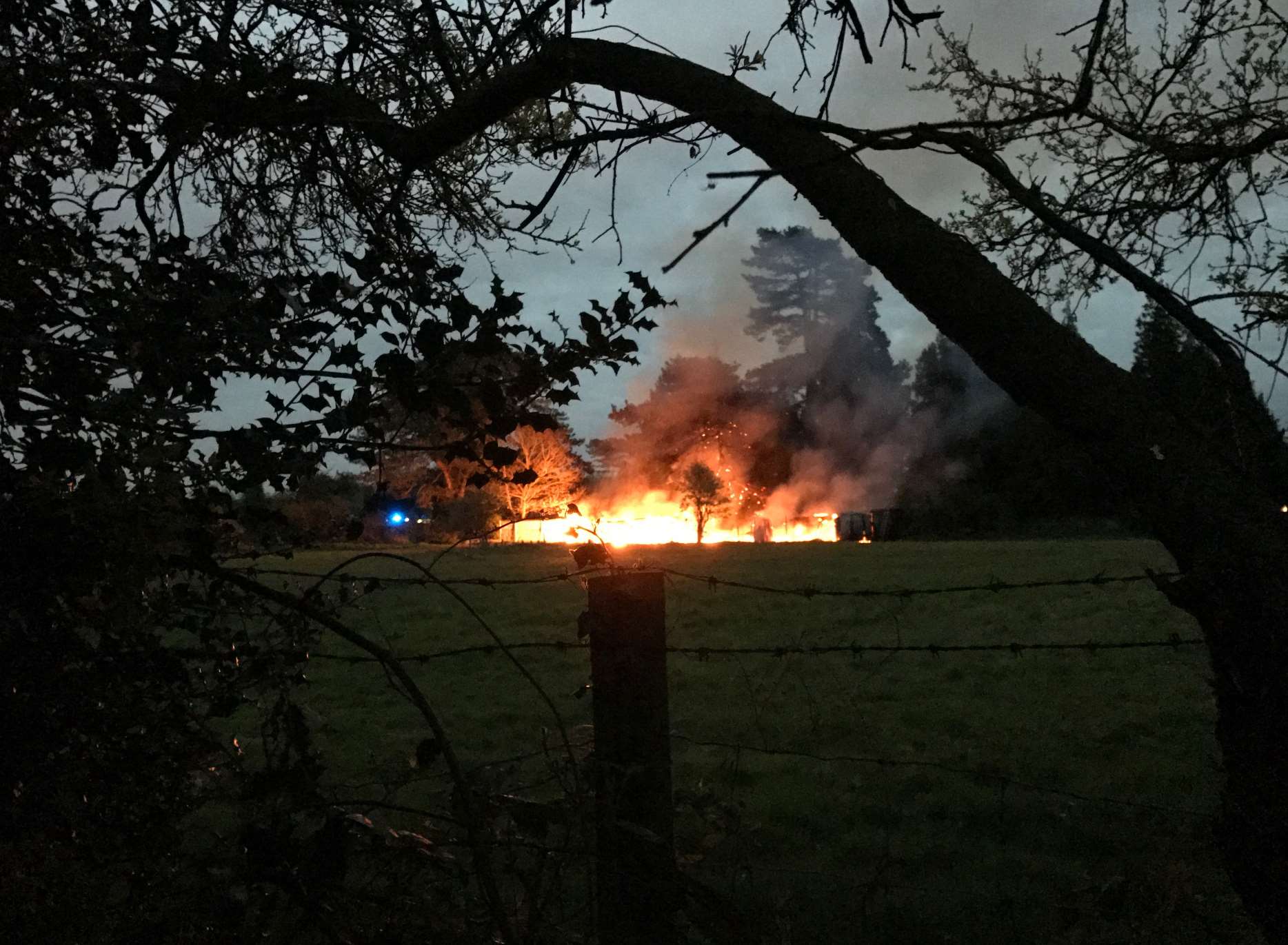 The fire destroyed a stable block and trees