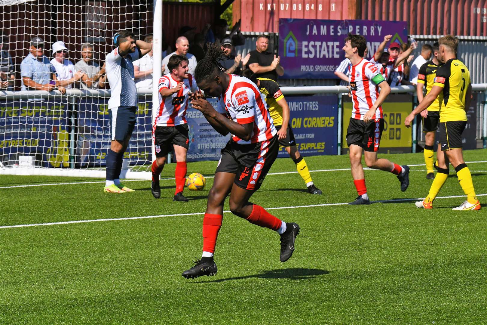 Jefferson Aibangee celebrates his goal for Sheppey United against Chichester City Picture: Marc Richards