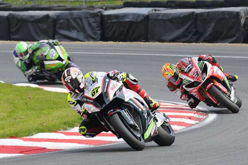 Shane Byrne leads Josh Brookes and James Ellison in race two at Brands Hatch Picture: Simon Hildrew