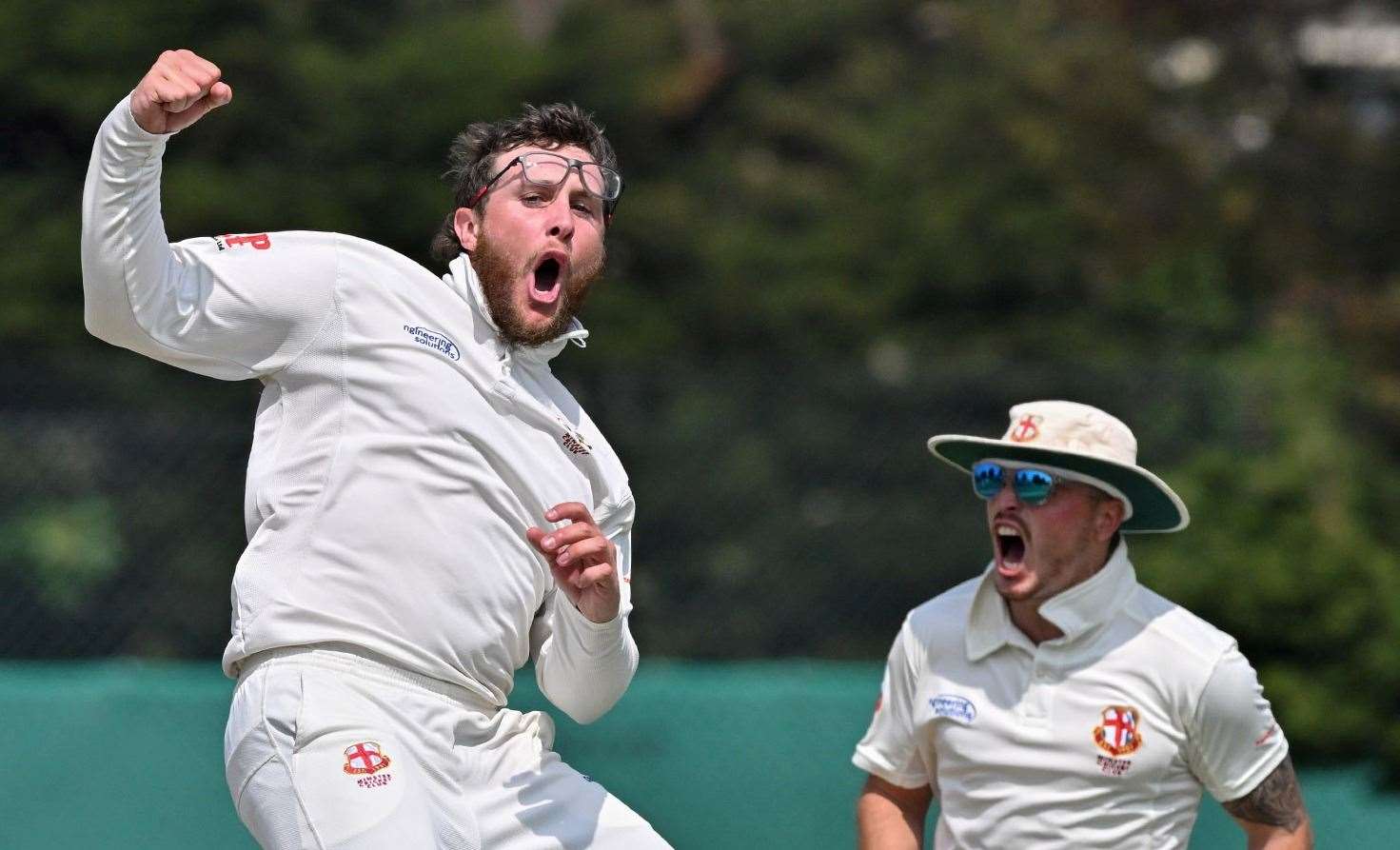 Kai Appleby celebrates a wicket - his 4-15 from seven overs helped Minster to a Kent League Premier Division four-wicket win at Blackheath. Picture: Keith Gillard