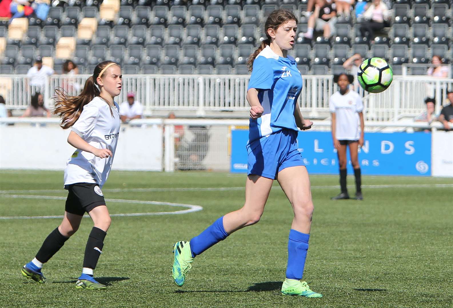The Kent Merit Under-14 girls cup final saw Kent Football United (blue) defeat Bromley. Picture: PSP Images