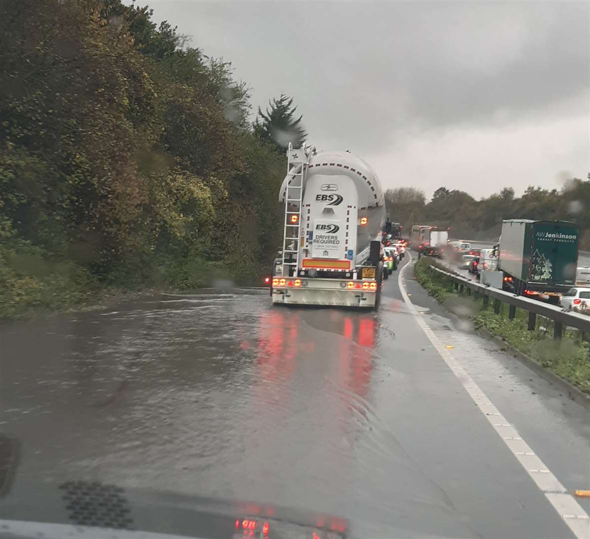 Flooded exit onto A249 at Key Street, Sittingbourne