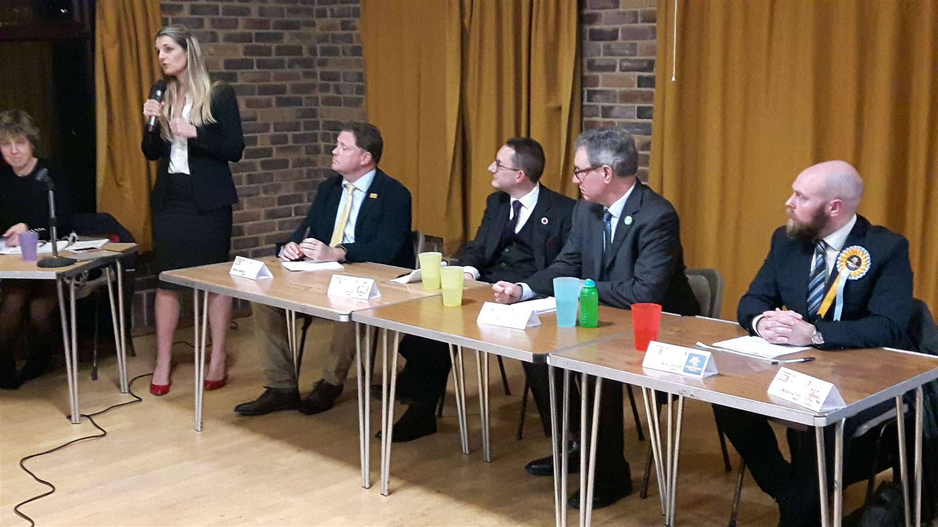 Otford Climate Nature Debate, chairman Alison Walsingham on the microphone with the panellists