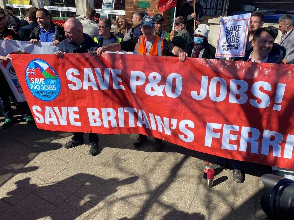 Protesters marched through Dover earlier today to demonstrate against P&O Ferries' decision to cut hundreds of jobs