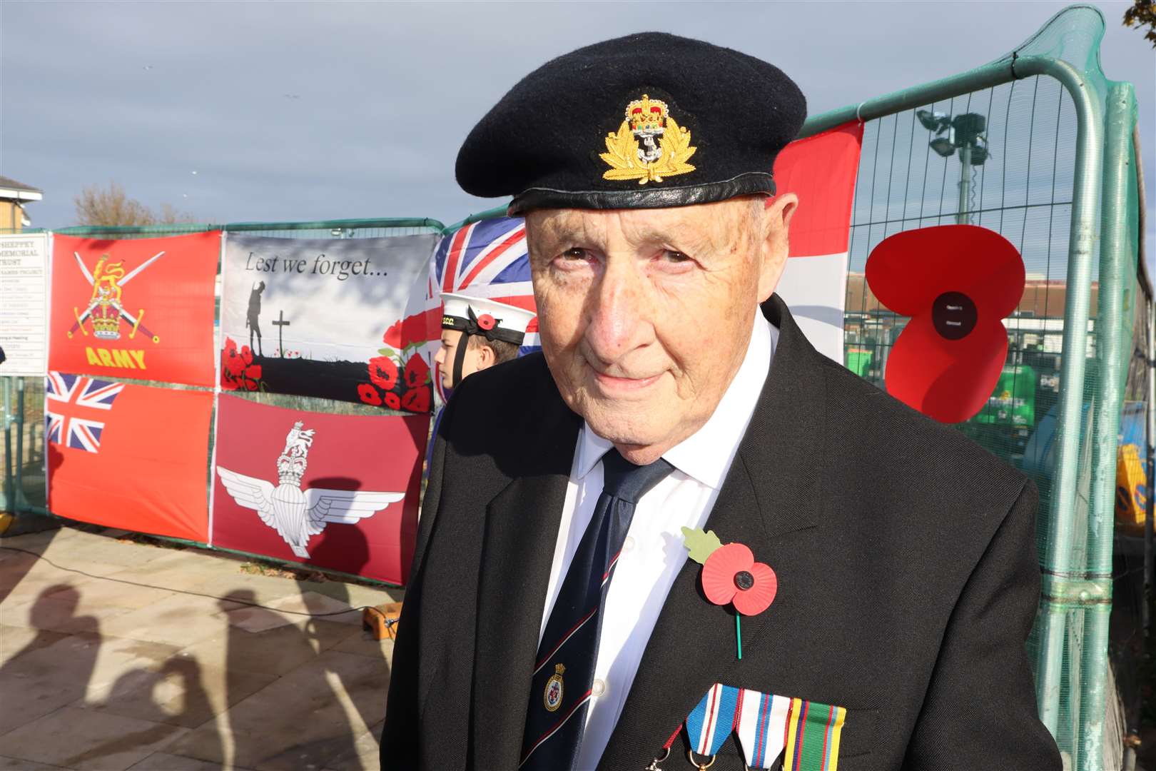Cllr Peter MacDonald and the Sheppey War Memorial Trust helped dress the background with flags at the Sheernes Remembrance Sunday service. Picture: John Nurden (56152160)