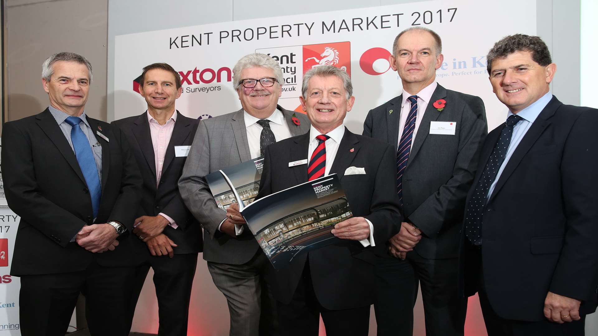 Launching the Kent Property Market Report 2017, from left, David Gurton and Mark Coxon of Caxtons, KCC's Cllr Mark Dance, Caxtons chairman Ron Roser, Ebbsfleet Development Corporation interim chief executive Ian Piper and Locate in Kent chief executive Paul Wookey