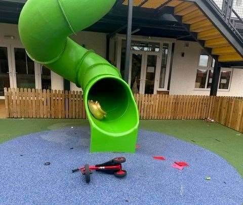 Toys and children’s trikes were thrown down the slide. Picture: Kids Inc