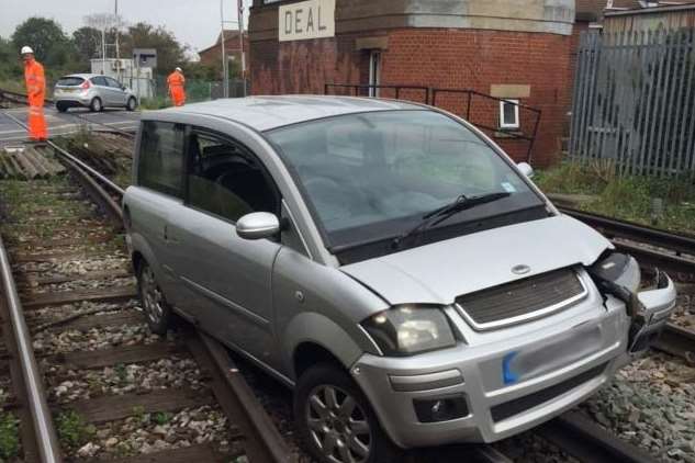 The car on the railway track at Deal in September. Picture courtesy of Network Rail