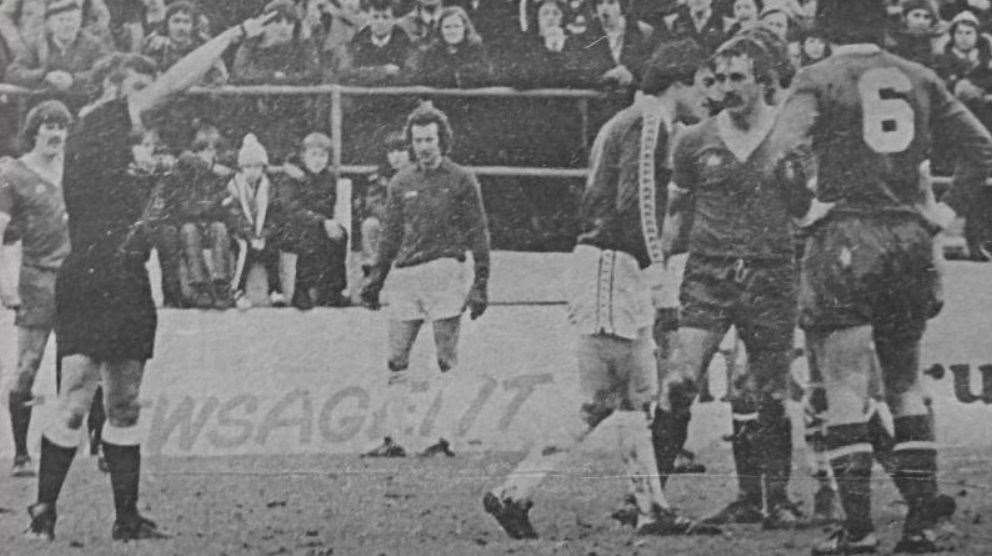 Referee David Hutchinson sends off Gillingham’s Danny Westwood for dissent in the match against Swindon on March 31, 1979 - the start of a long rivalry