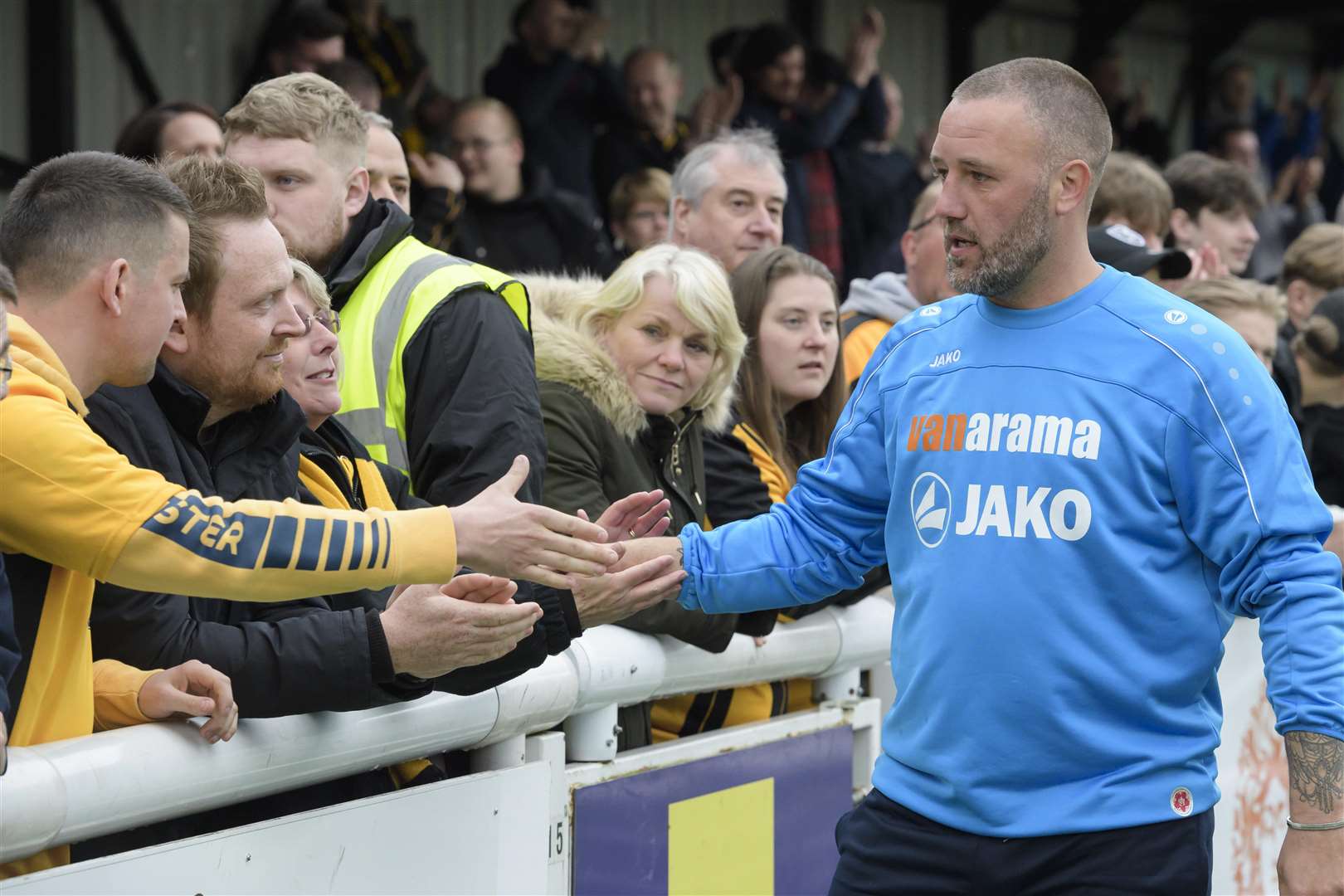 Maidstone United manager Jay Saunders thanks fans after the game Picture: Andy Payton