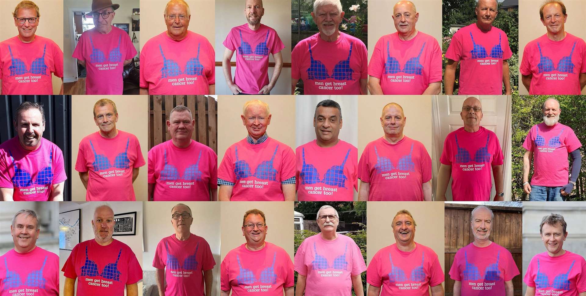 Mark (bottom row, to the right) is joining other men who have been diagnosed with breast cancer to raise awareness of the disease Picture: Walk the Walk