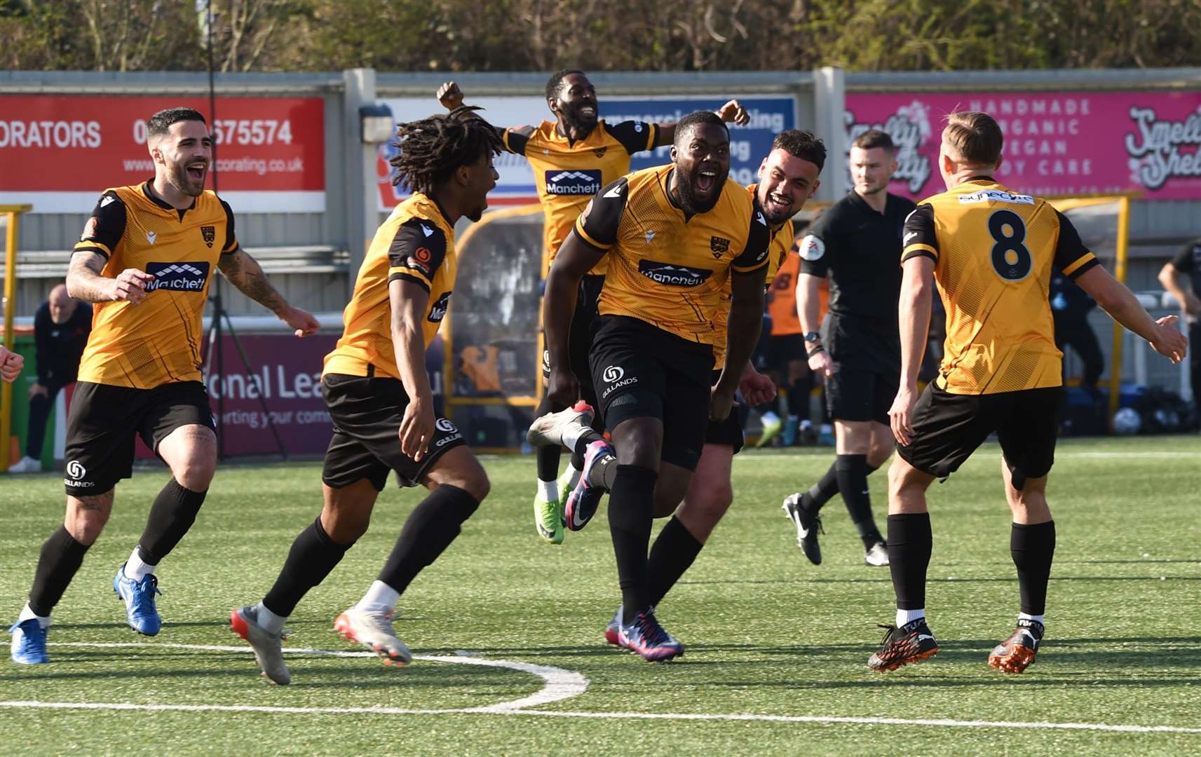 Jerome Binnom-Williams celebrates after giving Maidstone a 2-0 lead against St Albans - his first goal for the club Picture: Steve Terrell