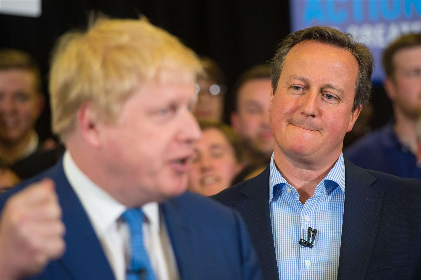 David Cameron watches as Boris Johnson speaks (Dominic Lipinski/PA)