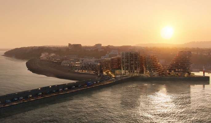 A new image showing the proposed Folkestone seafront development – stretching from the already-built Shoreline Crescent flats on the left, to the tower blocks on the harbour arm car park on the right