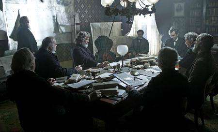 President Lincoln (Daniel Day-Lewis) meets his cabinet in Steven Spielberg's drama Lincoln. Picture: David James.