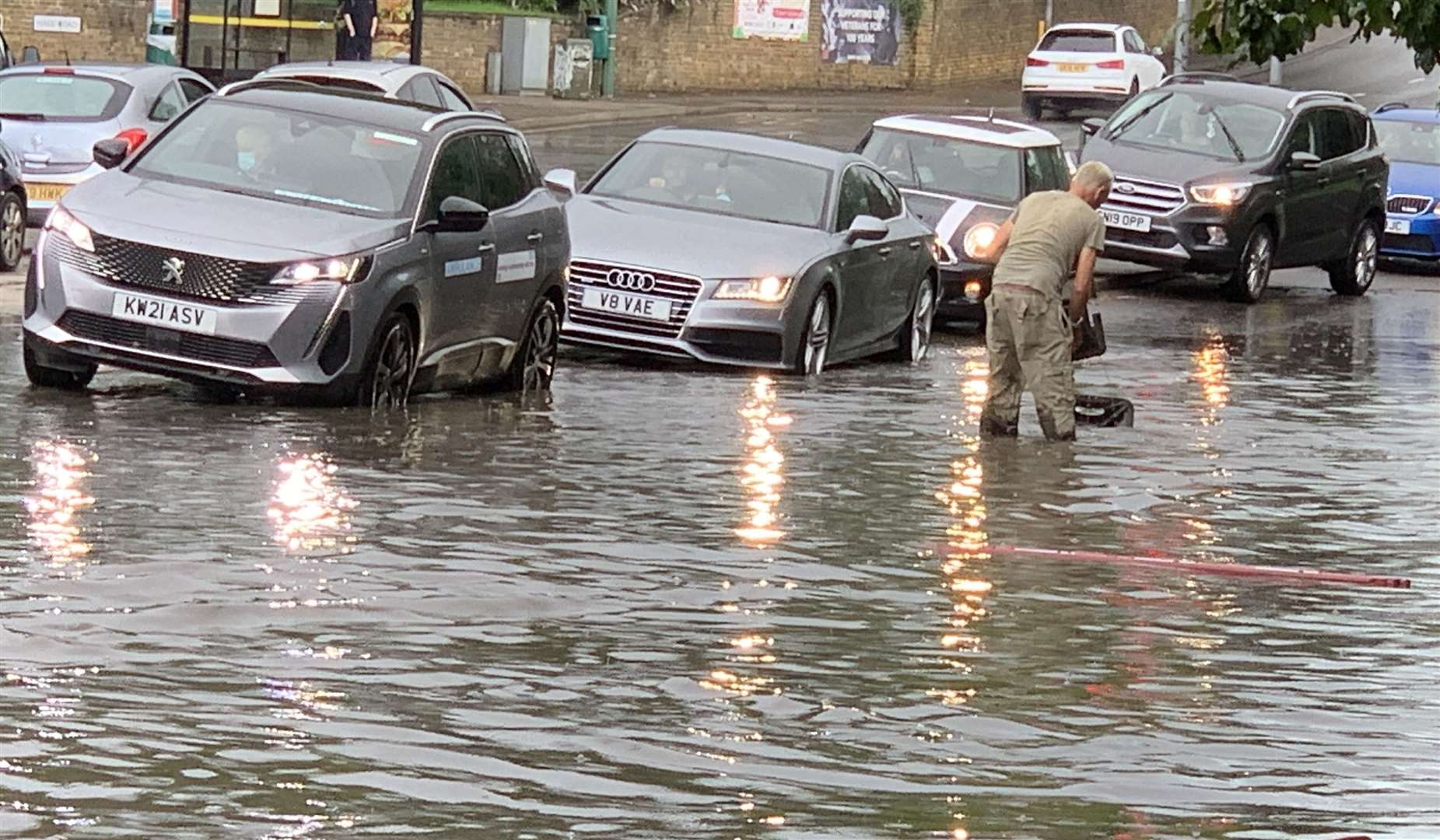 Flooding on the A20 at the Quarry Wood lights on Tuesday, July 20. Picture: Conrad Fry