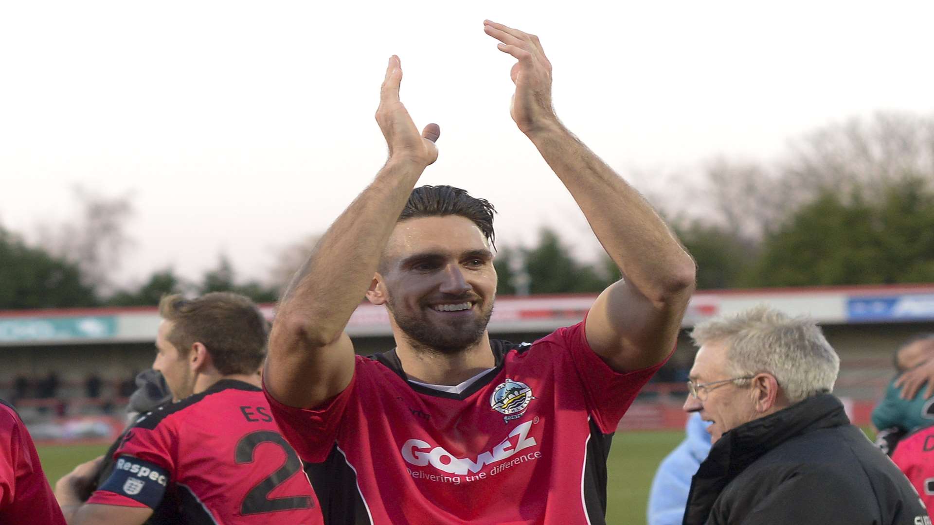 Sean Francis leads the Dover celebrations after the 1-0 FA Cup win at Cheltenham last season Picture: Ady Kerry