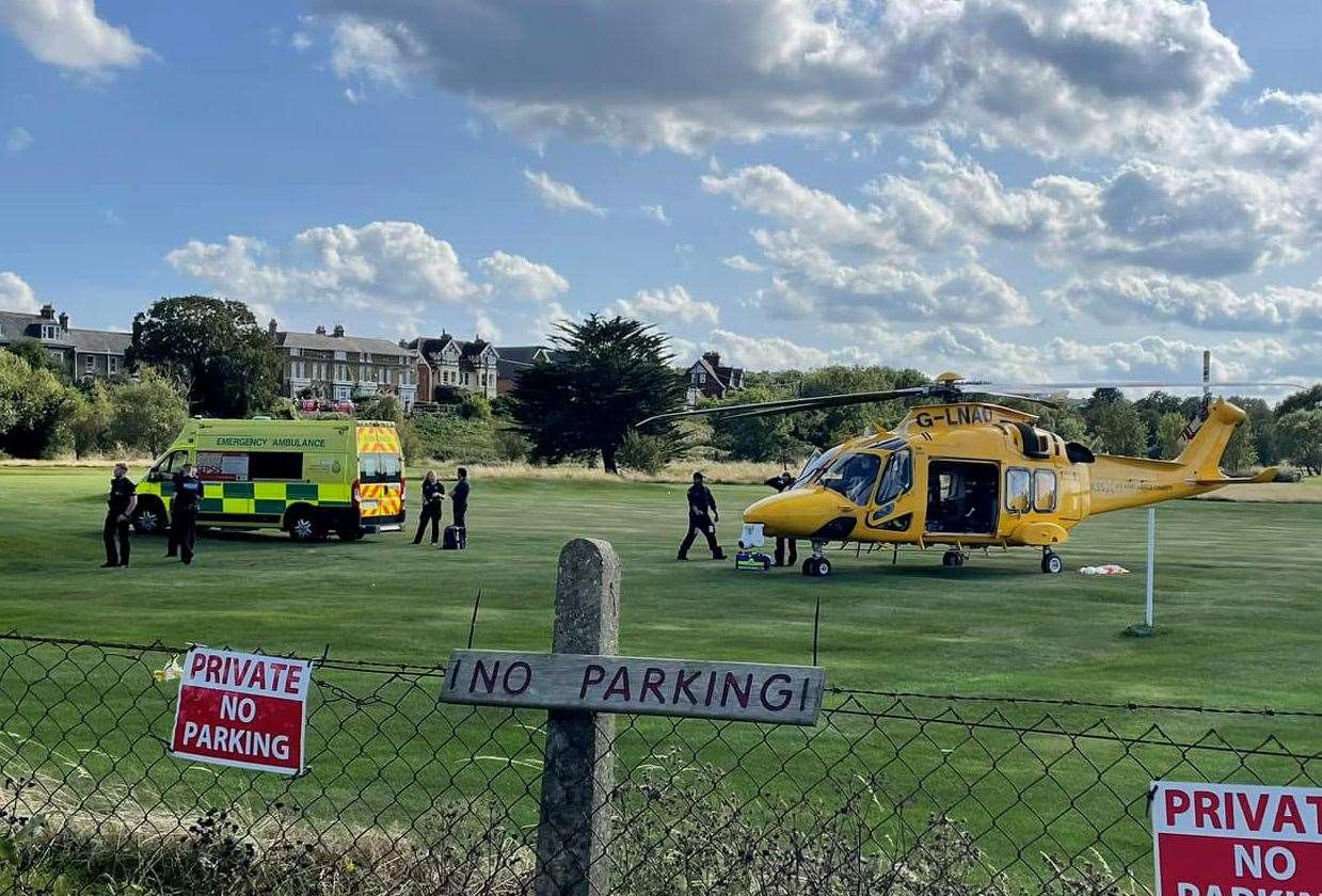 Ambulance crews, including the air ambulance, at Whitstable and Seasalter Golf Course following an assault at West Cliff