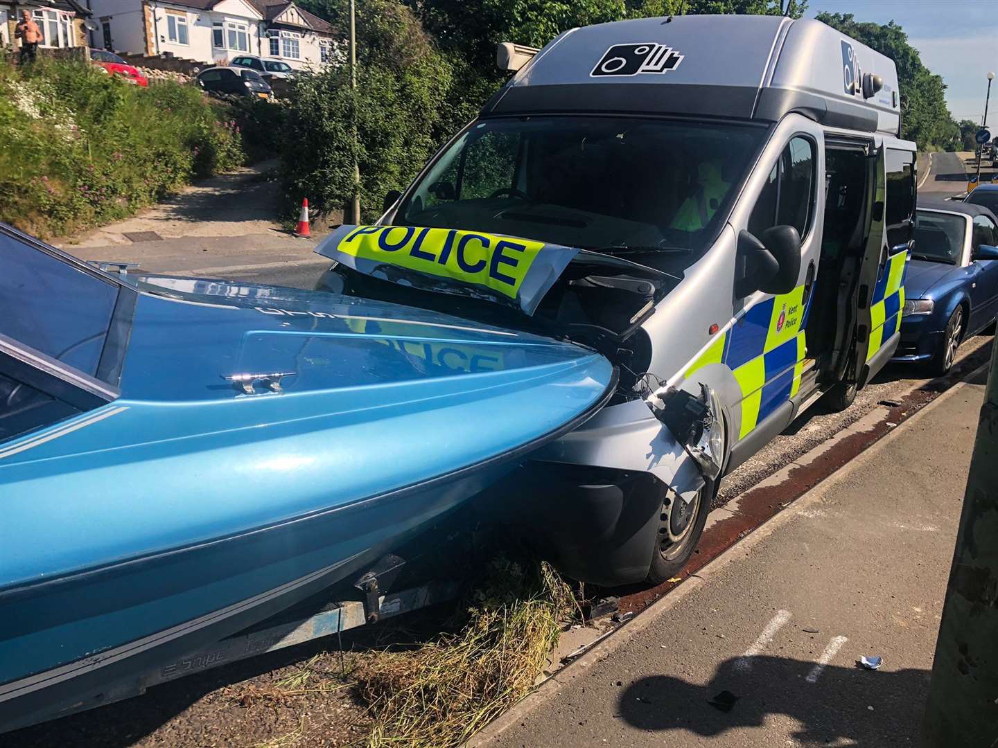 The aftermath of a collision between a speedboat and a polcie camera van. Picture by Kent Police RPU