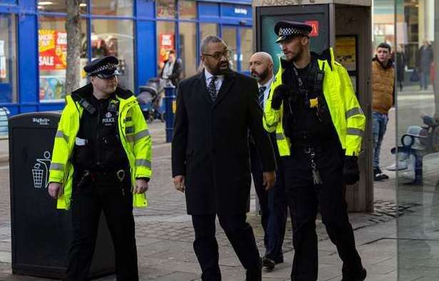 Home Secretary James Cleverly accompanies police officers on a foot patrol in New Road, Gravesend. Picture: Carl Court/PA