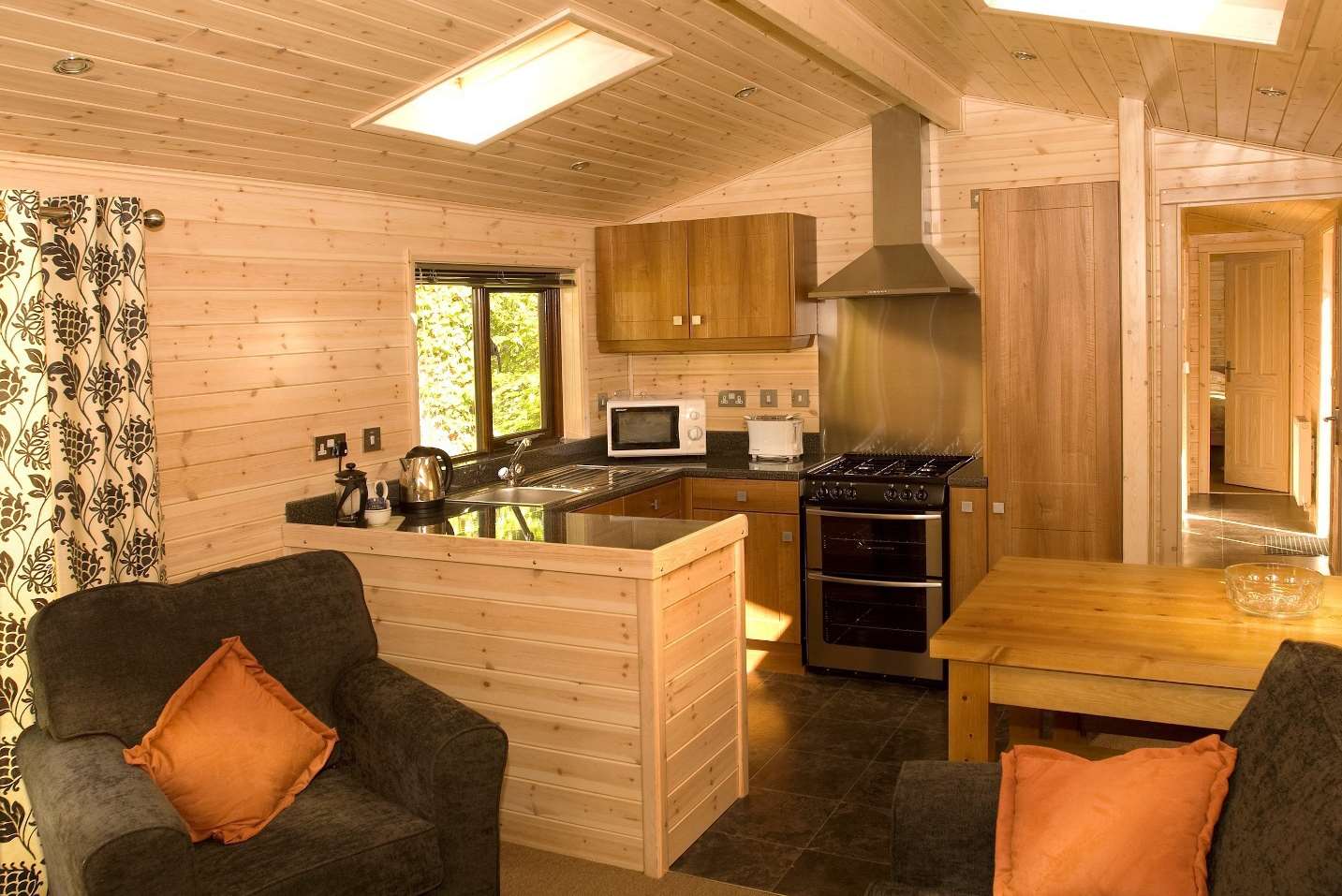 Inside one of wooden lodges at Sandy Balls Holiday Park.