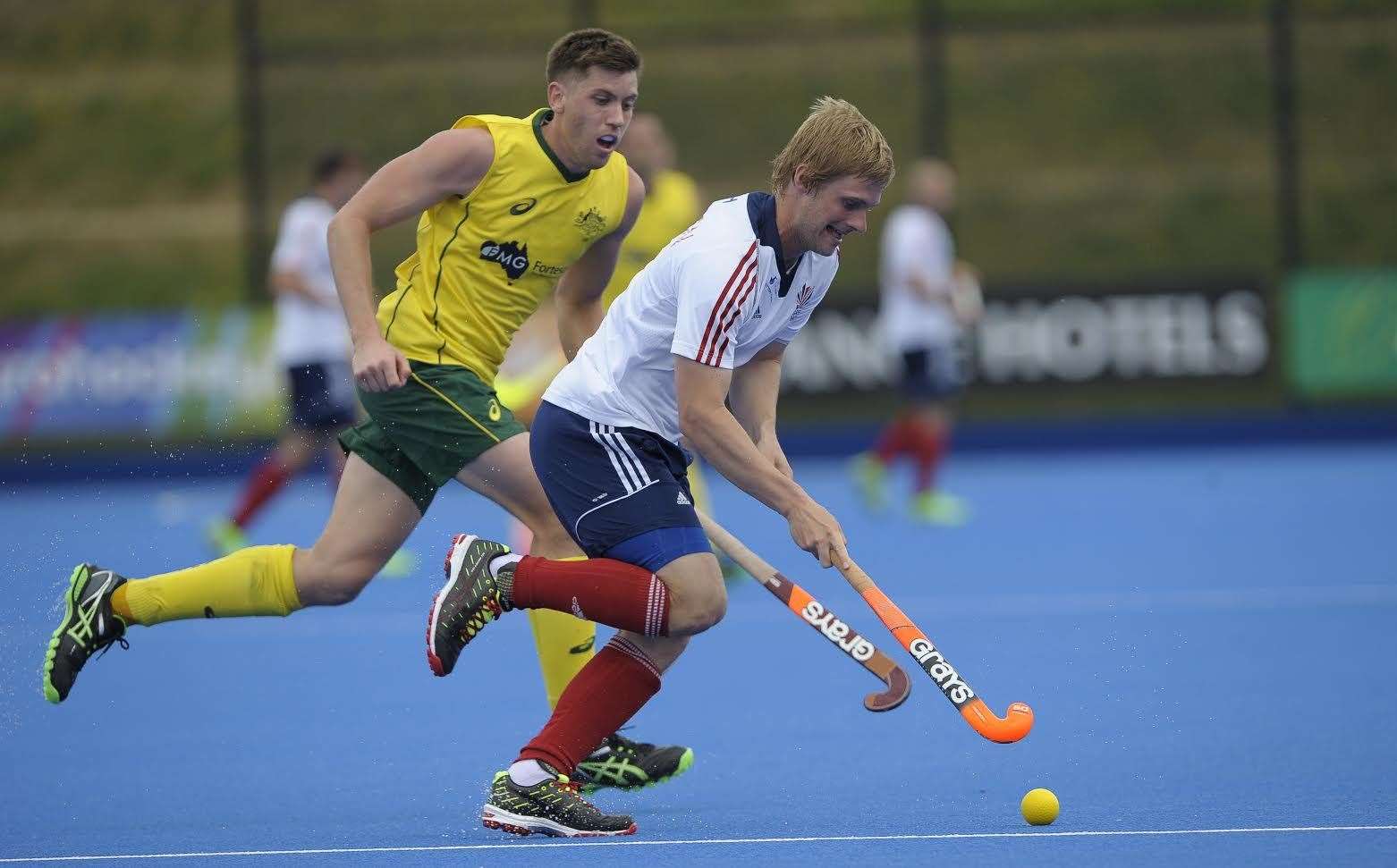 Ashley Jackson in action for Great Britain against Australia at Lee Valley Hockey and Tennis Centre Picture: Ady Kerry