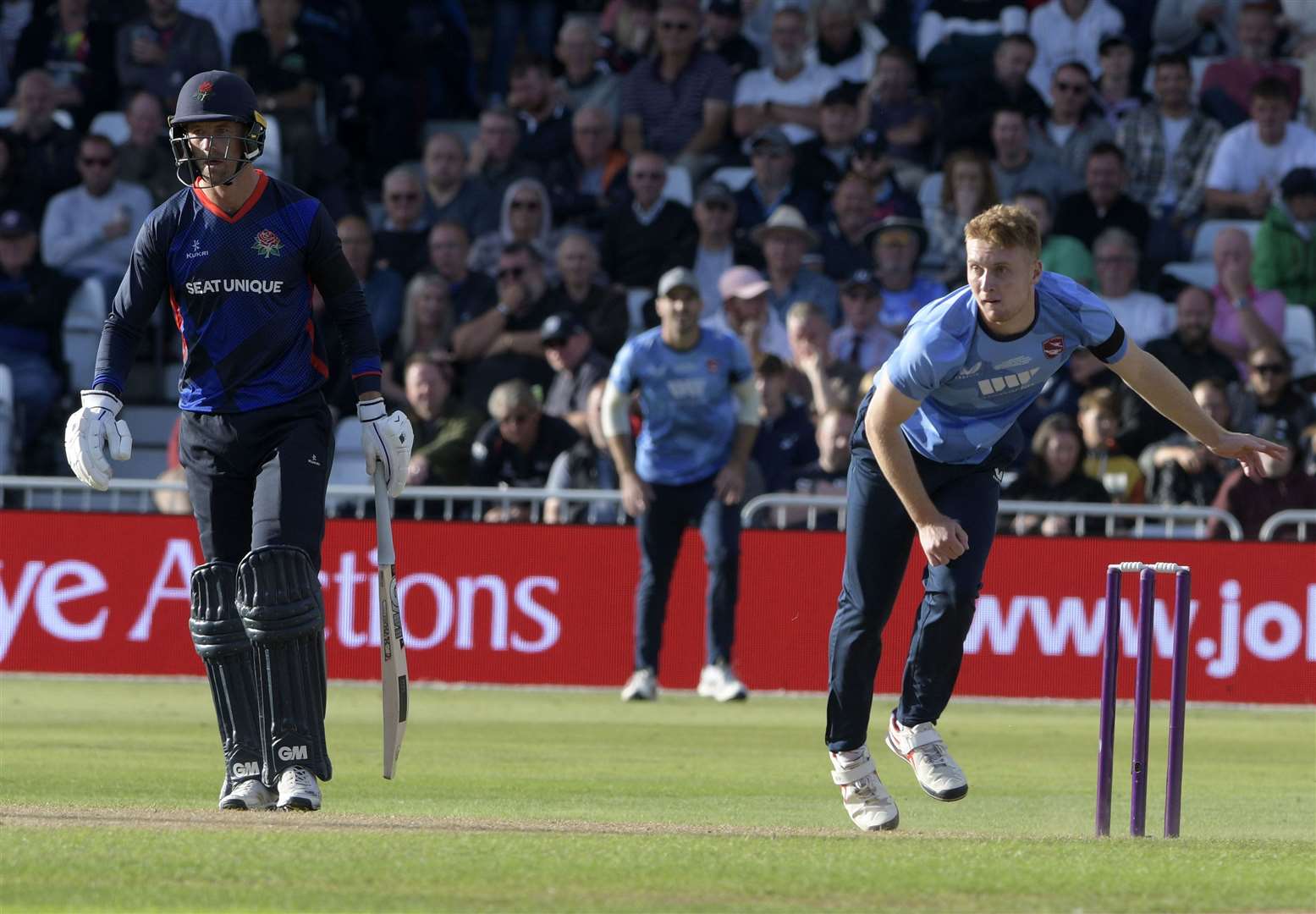 Kent's Joey Evison took 2-34 with the ball against Lancashire. Picture: Barry Goodwin