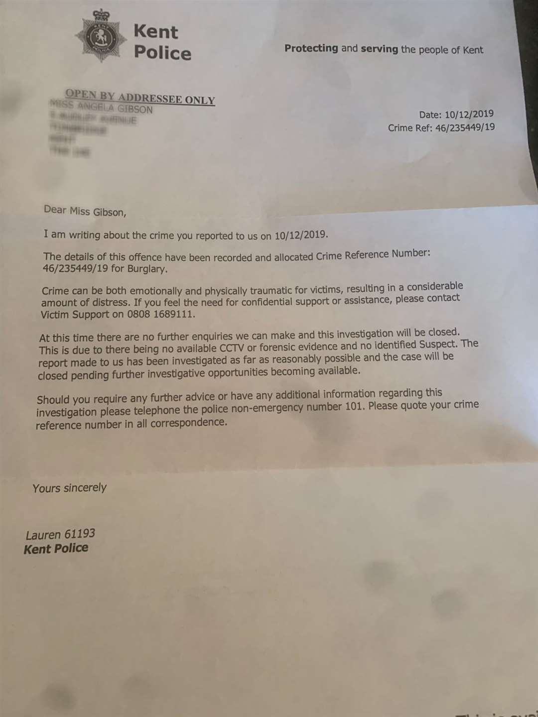 The police letter written the same day as the break-in was reported: 'no further investigation' (24359842)