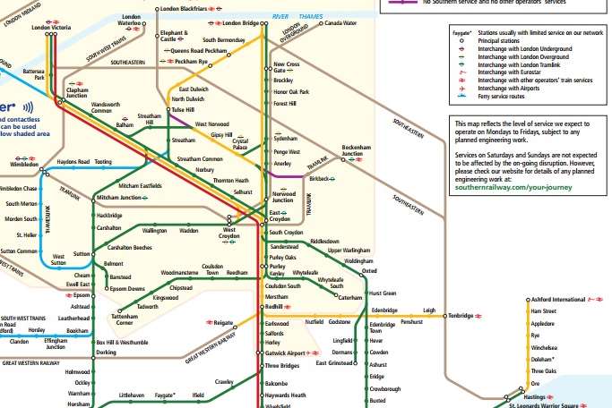 Southern Rail map showing service disruptions