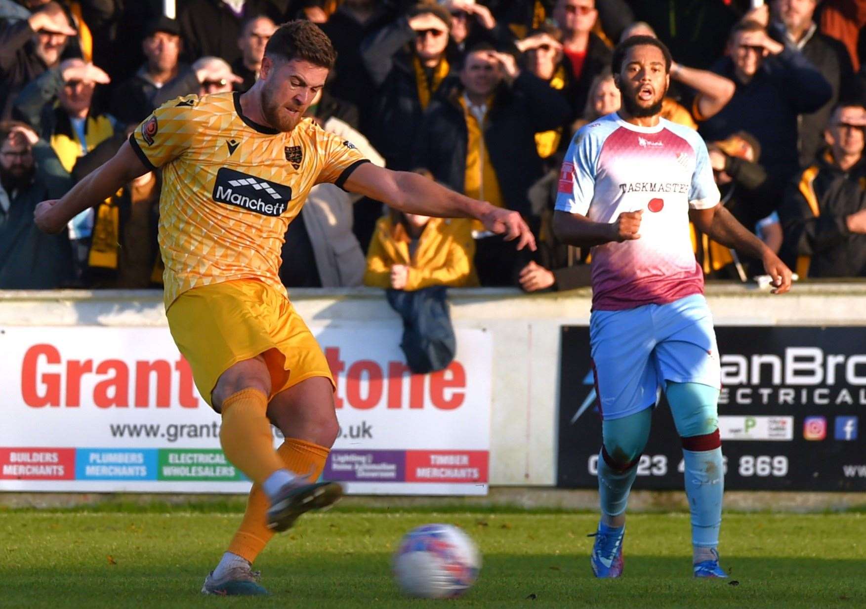 Maidstone’s Michael Petrasso gets an early shot away against Chesham. Picture: Steve Terrell