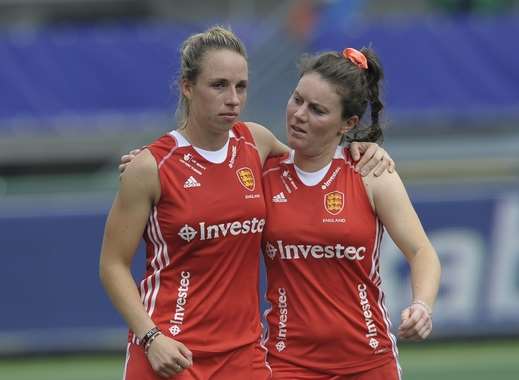 Canterbury's Susannah Townsend and Holcombe's Laura Unsworth after defeat Picture: Ady Kerry / England Hockey