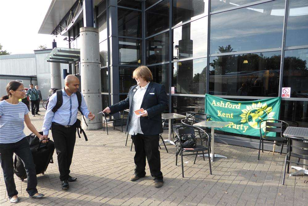 Protesters gathered at Ashford International station in support of Action For Rail