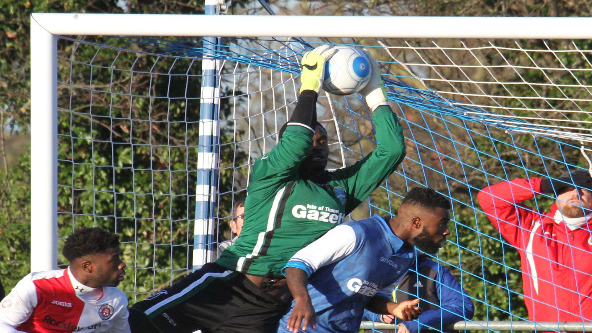Margate keeper Valery Pajetat makes a safe catch during Saturday's 2-0 home defeat to Poole. Picture: Don Walker