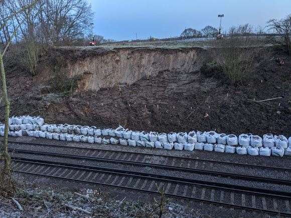 The 40-metre-long landslip at Newington has caused chaos. Picture: Southeastern (44079446)