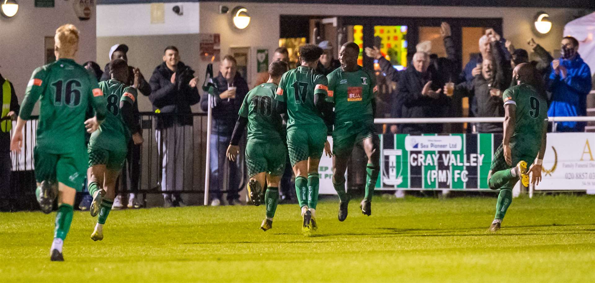Cray Valley celebrate Ade Yusuff scoring against Aveley on Tuesday night. Pictures: Dave Cumberbatch