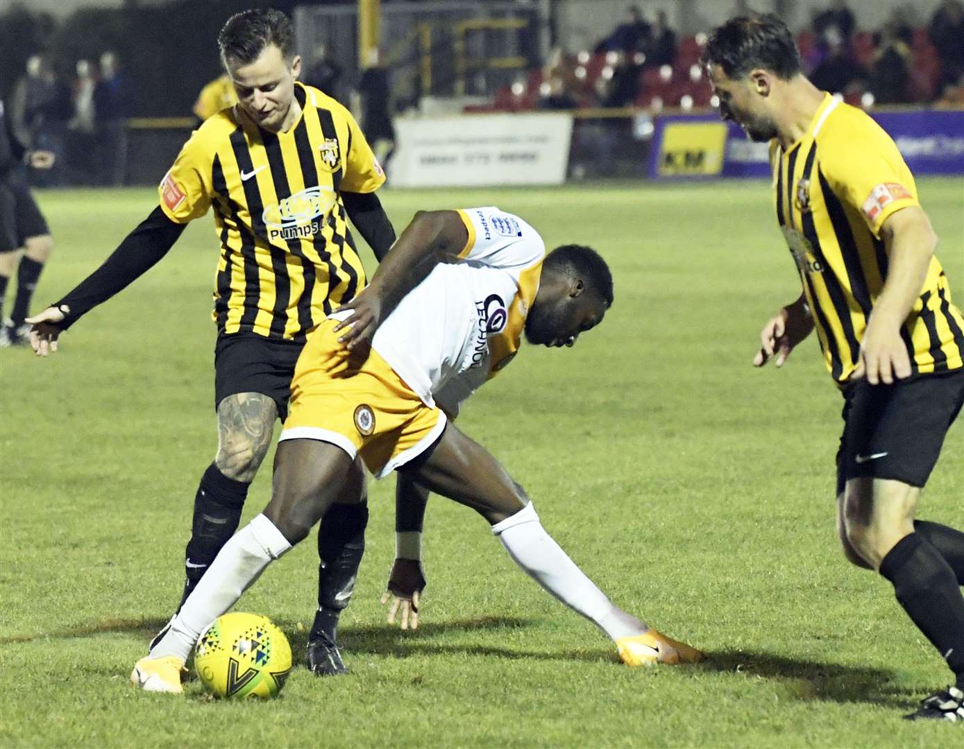 Folkestone take on Cray Wanderers earlier this season - the clubs don't know when they are next due to play in the Isthmian Premier. Picture: Barry Goodwin