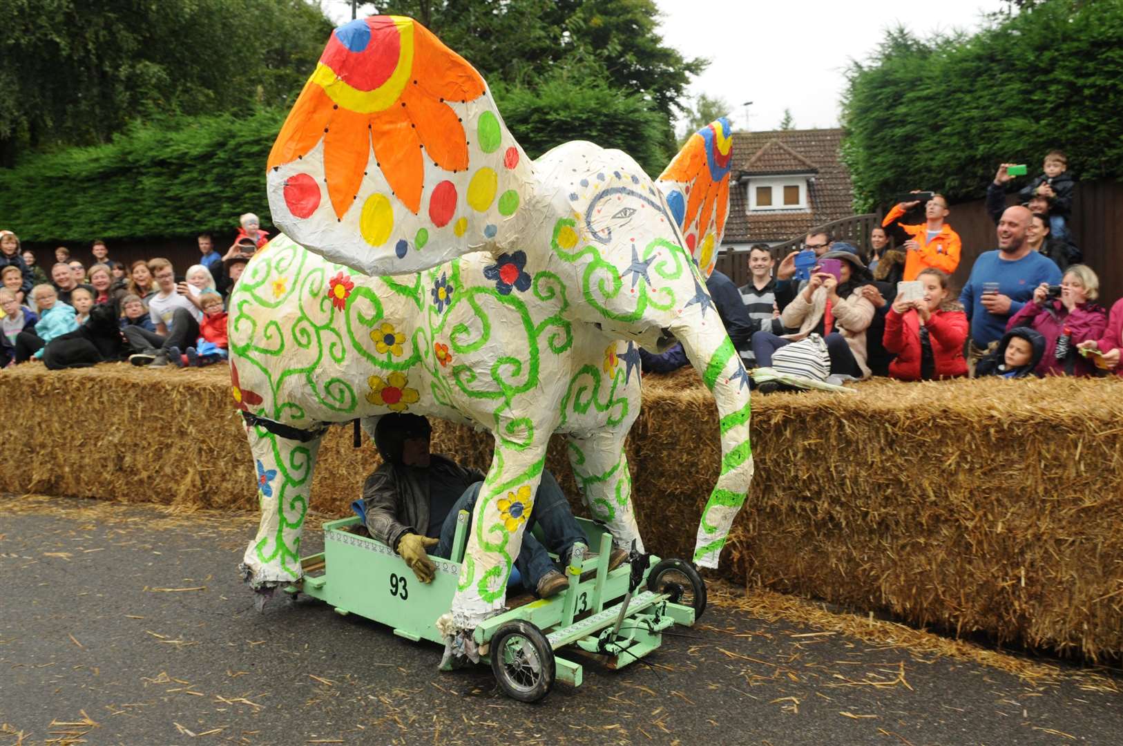Residents speed down Forge Hill in their quirky creations like this life sized baby elephant. Picture: Wayne McCabe