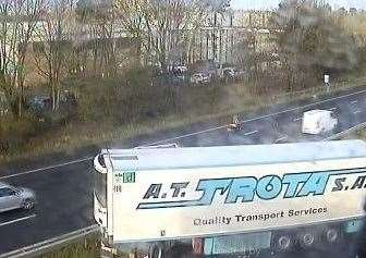 The jackknifed lorry on the M20 near Junction 10 in Ashford. Picture: National Highways