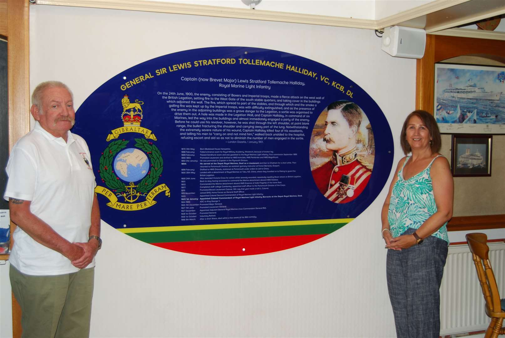 The project to name the refurbished bar at the RMA in Walmer after General Sir Lewis Halliday, VC, KCB, DL, was the brainchild of committee historian John Puddle and Lesley Simpson who took charge of the commissioning of the commemorative story- board and the bar sign