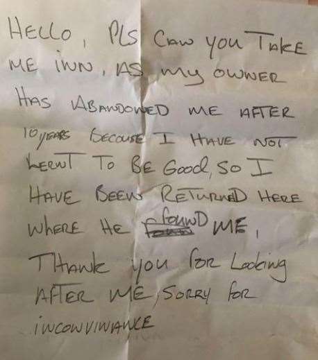 The heart-wrenching note that was left with the dog. Picture: Swale council