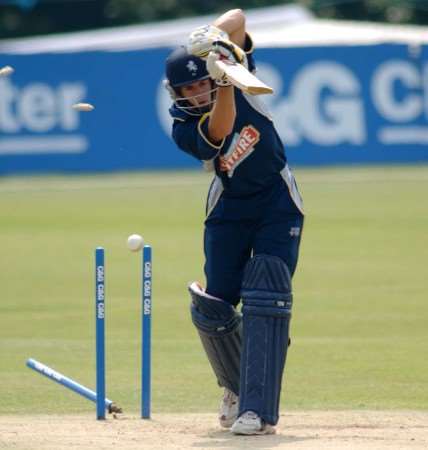 Neil Dexter is bowled by Andy Bichel for 23. Picture: BARRY GOODWIN