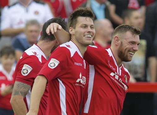 Billy Bricknell and Charlie Sheringham start the Ebbsfleet celebrations Picture: Andy Payton