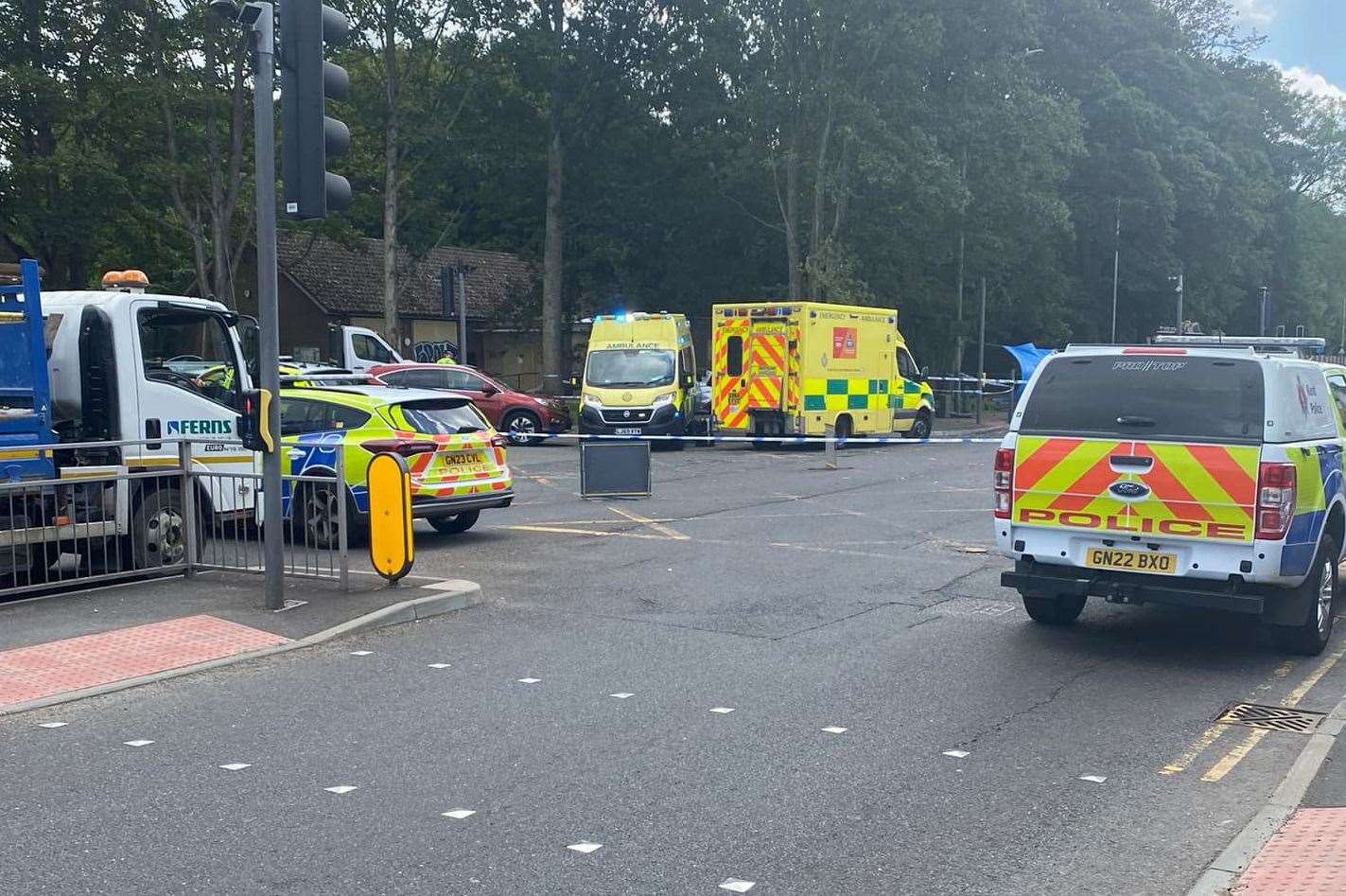 Police and paramedics are the scene of a crash in London Road, Southborough, after an incident near Yew Tree Road. Picture: Eugenia Boylan