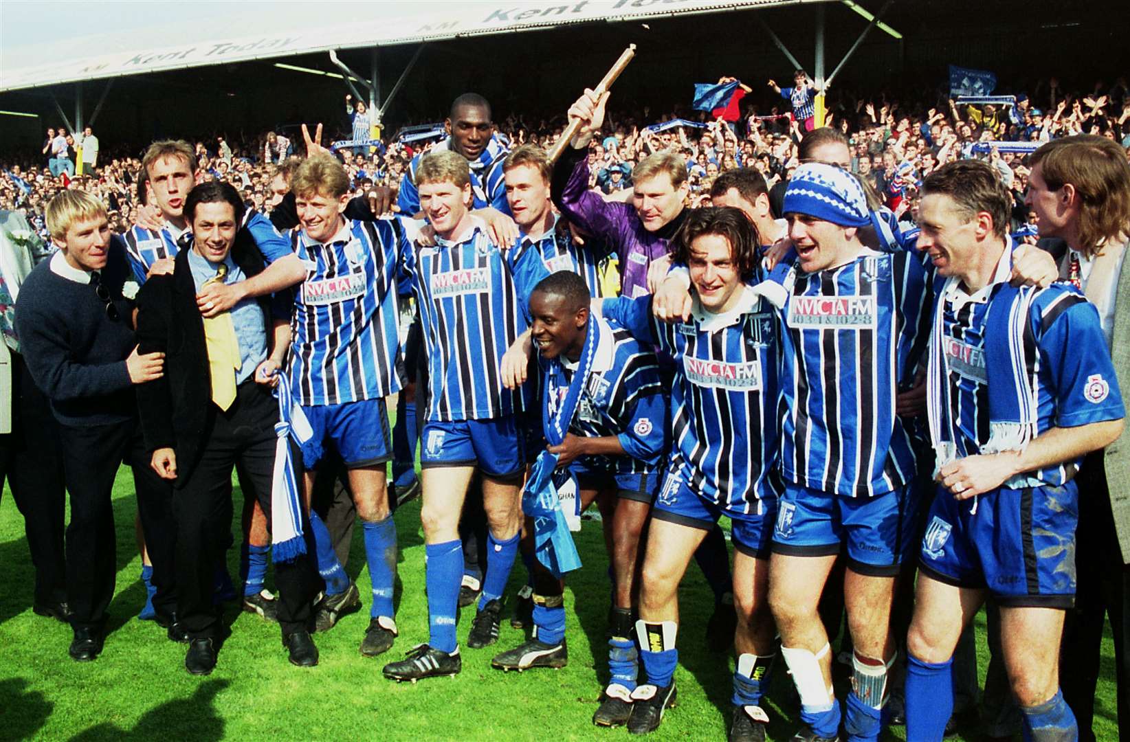 Jim Stannard, centre, and Gillingham team-mates celebrate promotion from the old Division 3 in 1996