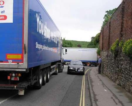 No way through - the lorry stretched across the road. Picture: Peter Cosier