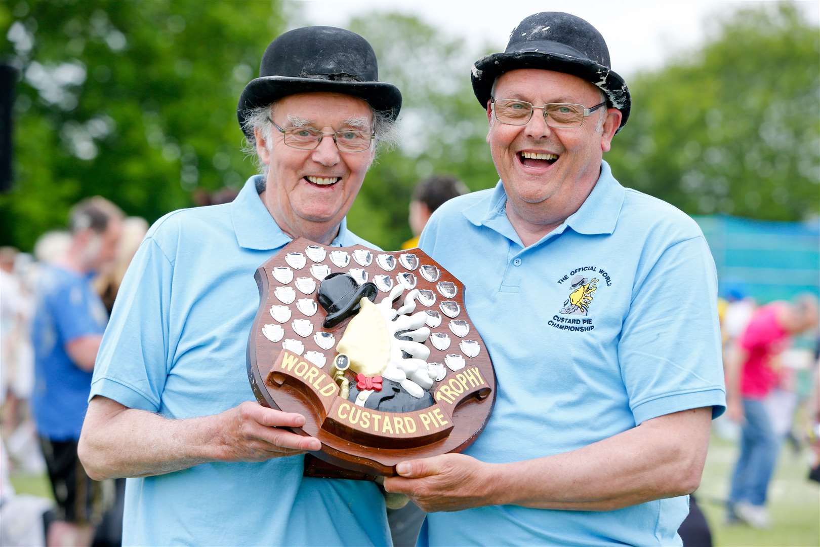 Brian Mortimer (left) and friend Mike FitzGerlad with the Custard Pie Trophy