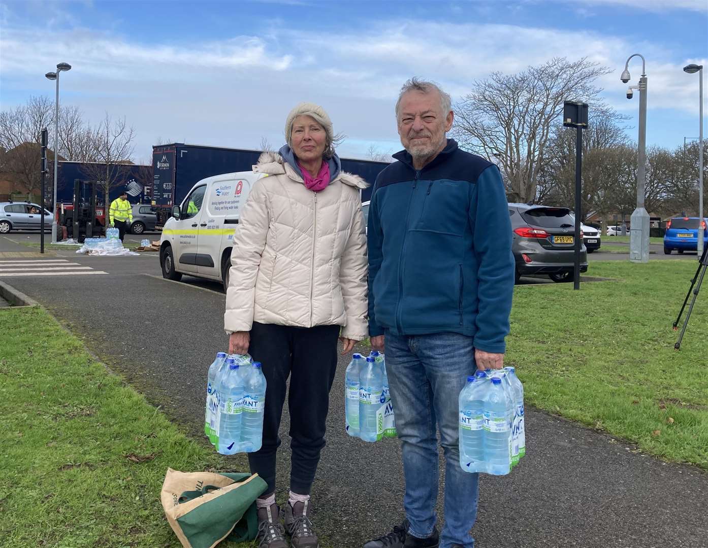 Barbara Luton, who lives in St Peter’s, and John Blackgrove, from Broadstairs, collecting bottled water from Dane Court Grammar School in Broadstairs