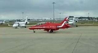 RAF Red Arrows leaving Farnborough Airport. Picture: David Hawker